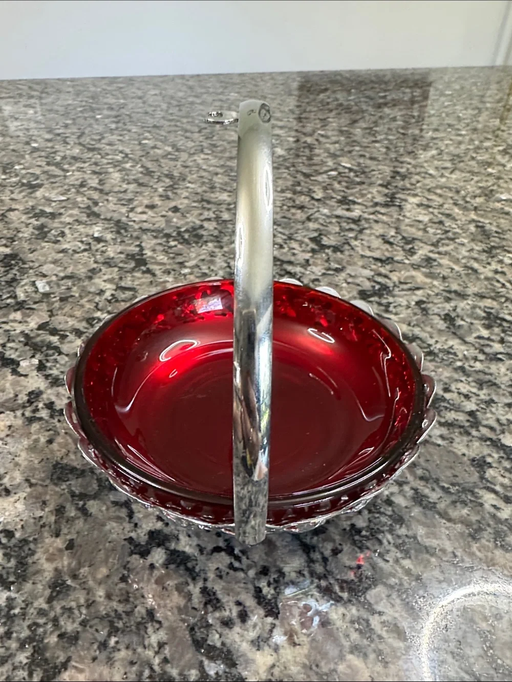Silver-Trim Ruby Red Glass condiment Dish with hanging Spoon EUC